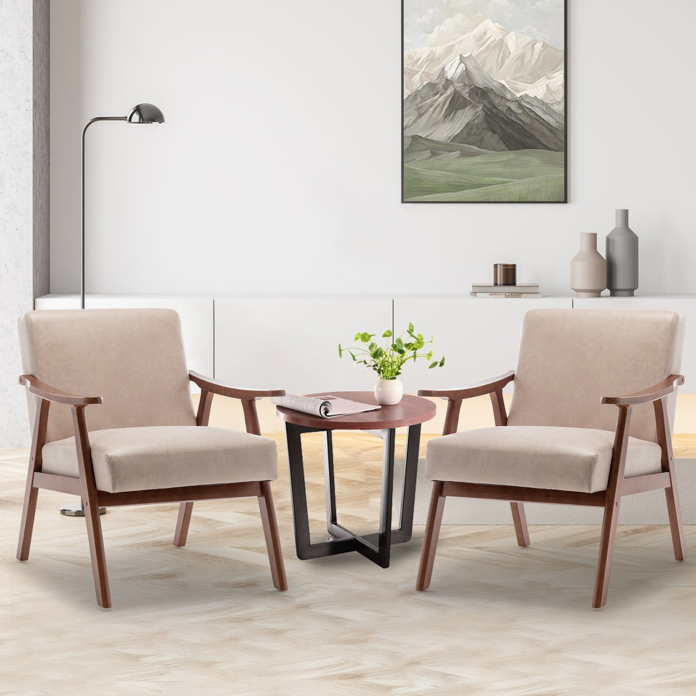 Lyraea Mid-Century Modern Light Camel Fabric Wingback Accent Chair