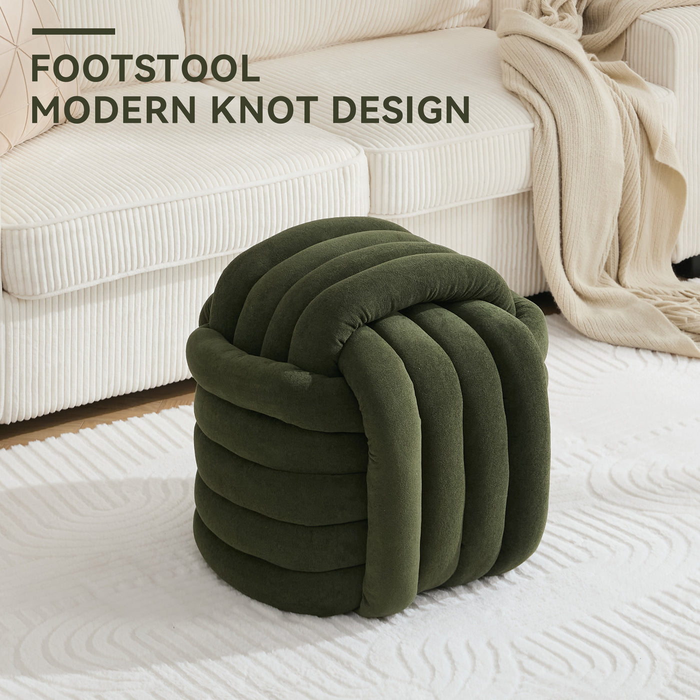 Darien Modern Chenille Knot Design Ottoman, Green