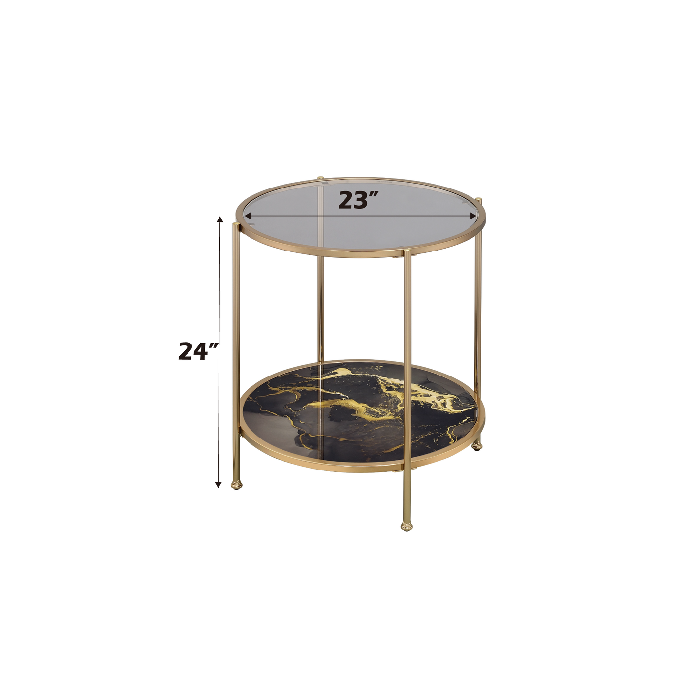Fiorella Black Marble Print, Glass & Champagne Finish End Table