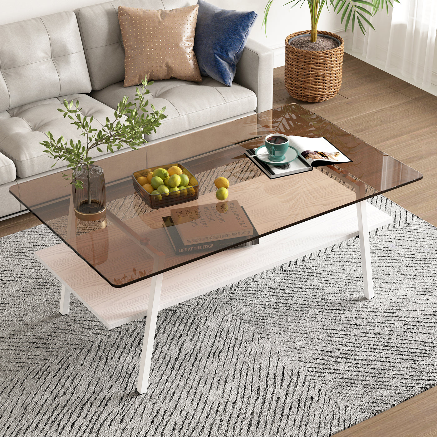 Penn Modern 3-Piece Accent Table Set with Brown Glass, White