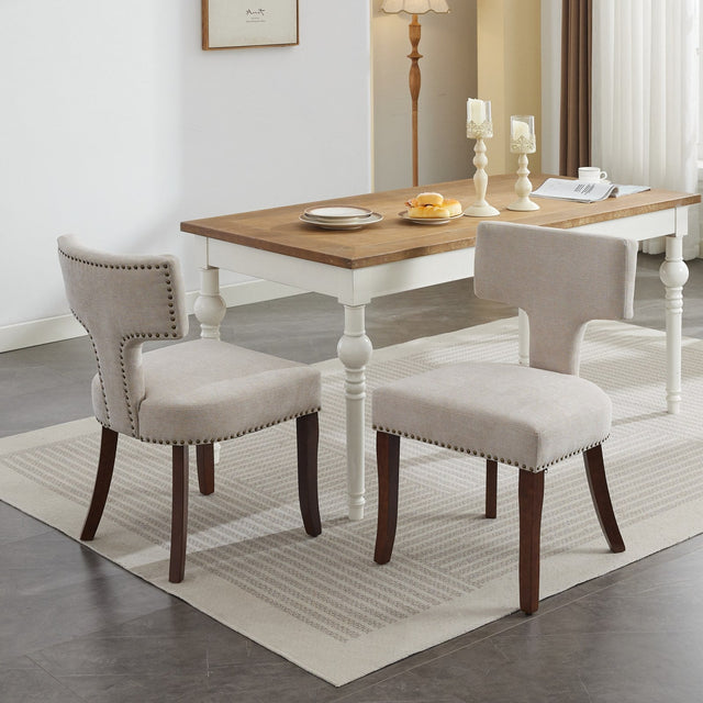 Chic Fusion Mid-Century Modern Linen Upholstered Dining Chairs with Copper Nail Accents Set of 2 Beige