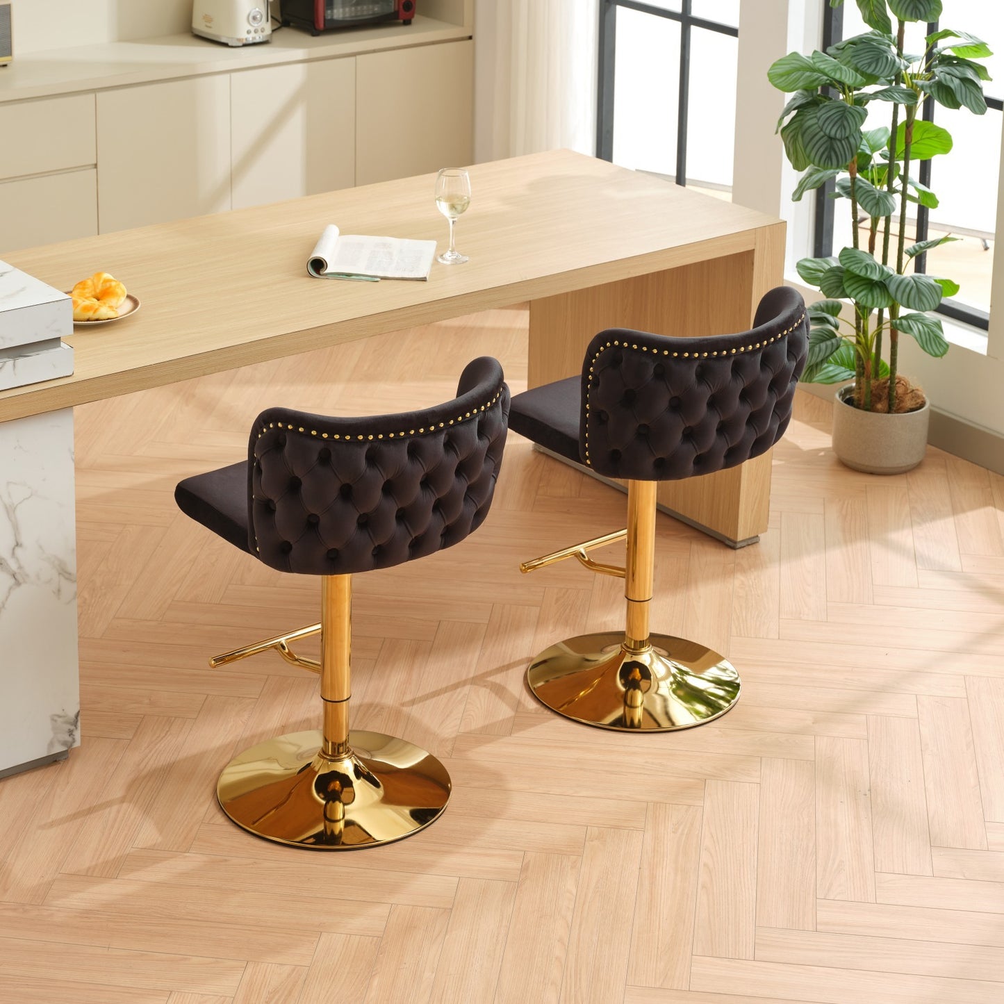 Junia Velvet Tufted Adjustable Height Bar Stools (Set of 2) Black