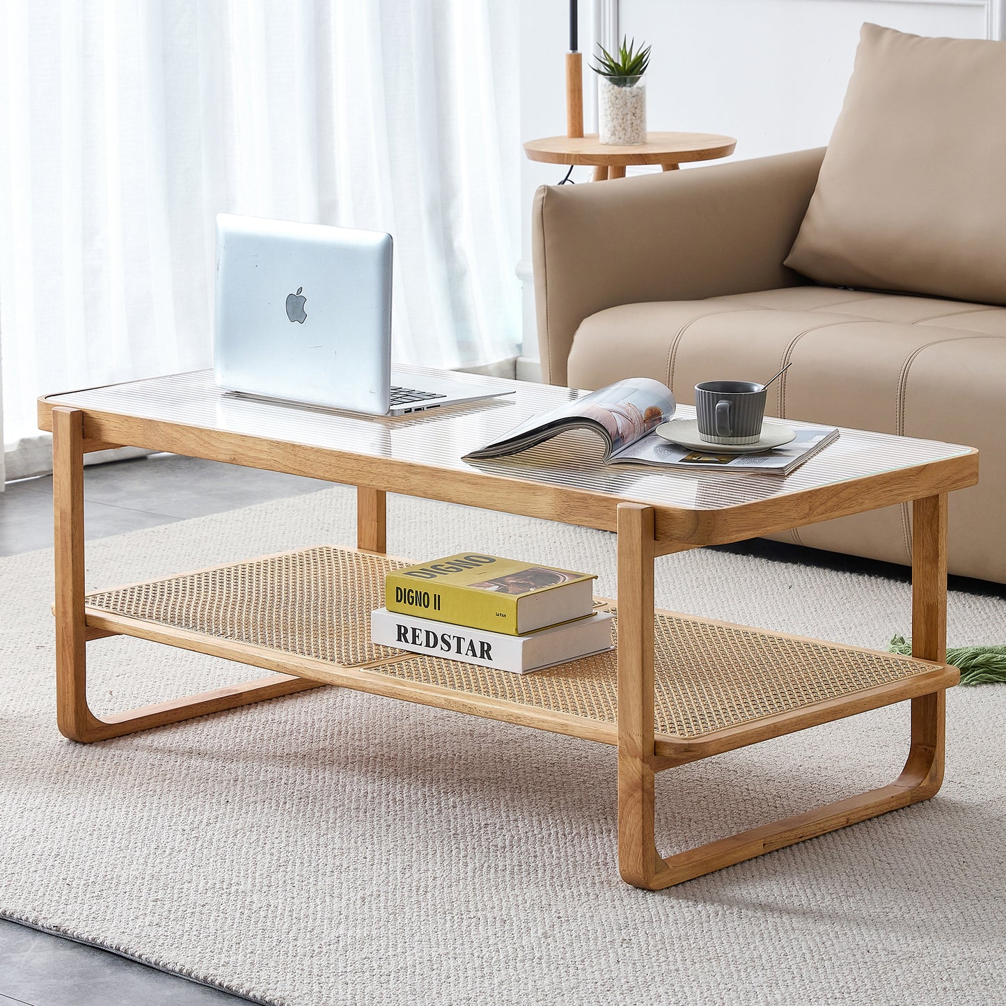 Baylor Mid-Century Modern Glass Top Coffee Table with Rattan Shelf, Natural