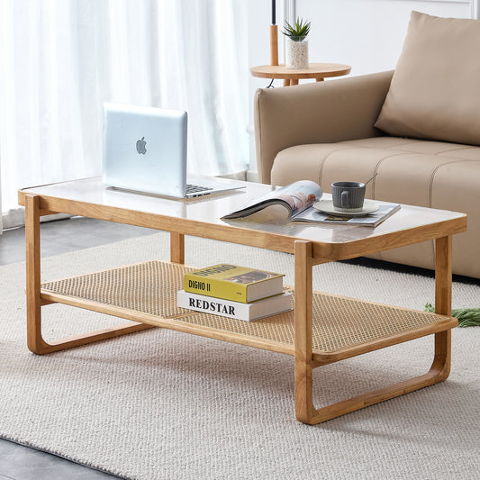 Baylor Mid-Century Modern Glass Top Coffee Table with Rattan Shelf, Natural