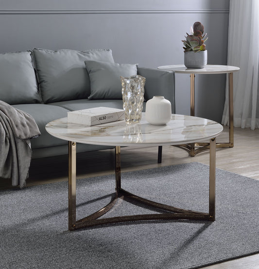 Aziz Sintered Stone Top & Champagne Finish Round Coffee Table