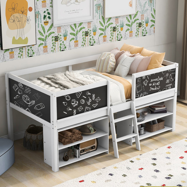 Twin Size Low Loft Bed with Two Movable Shelves and Ladder, White
