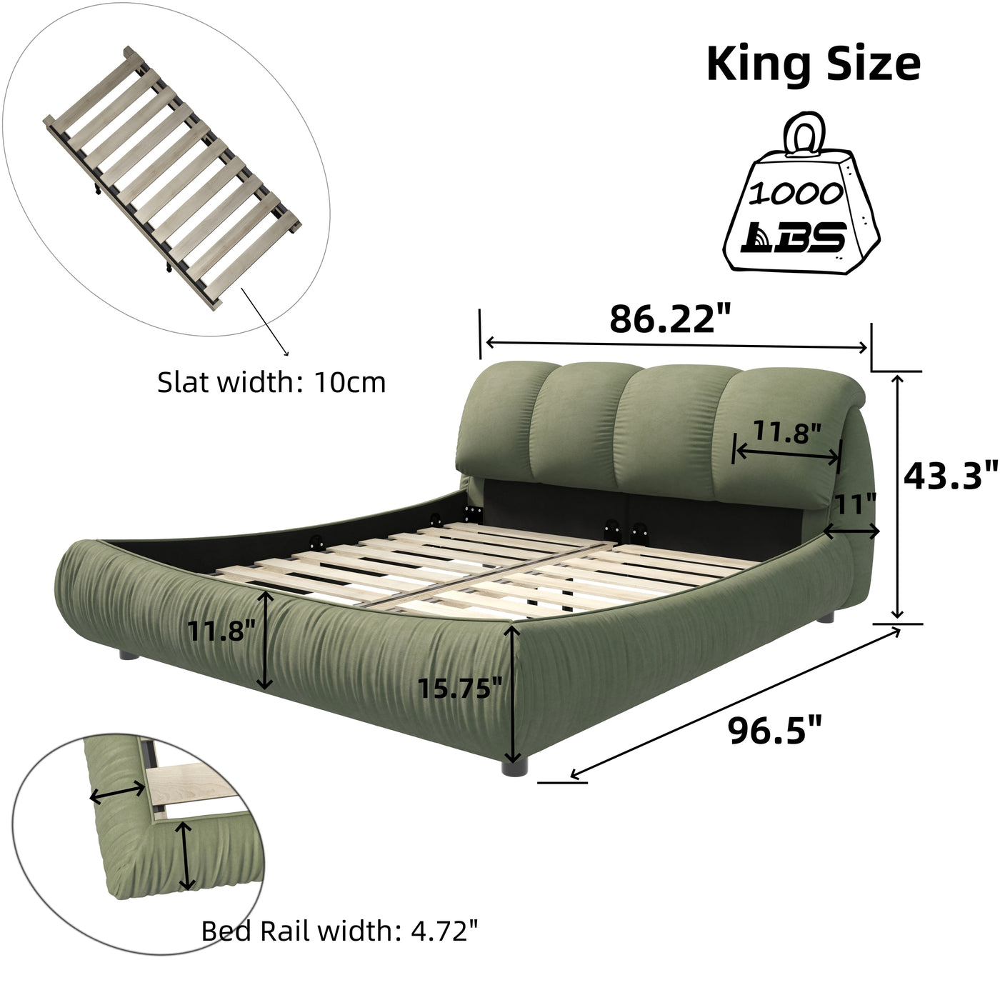 Calista Modern King Platform Bed with Oversized Padded Headboard, Green
