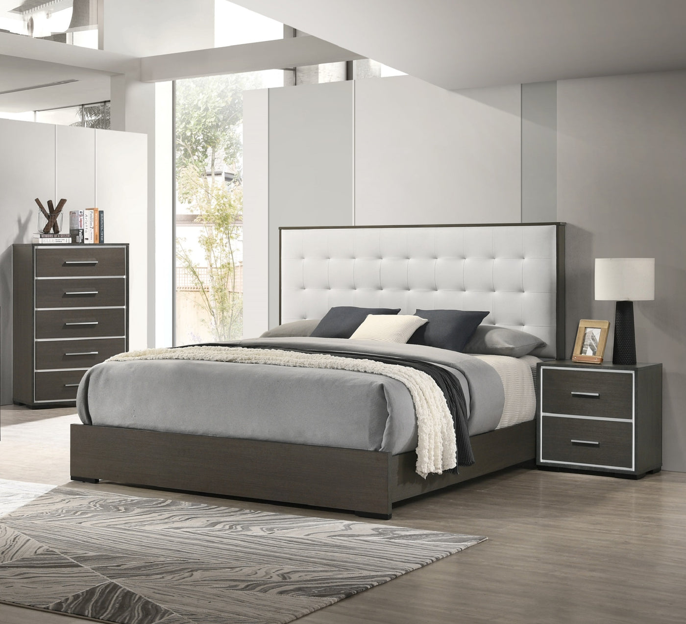 Trank Contemporary Gray Nightstand with Chrome Accents