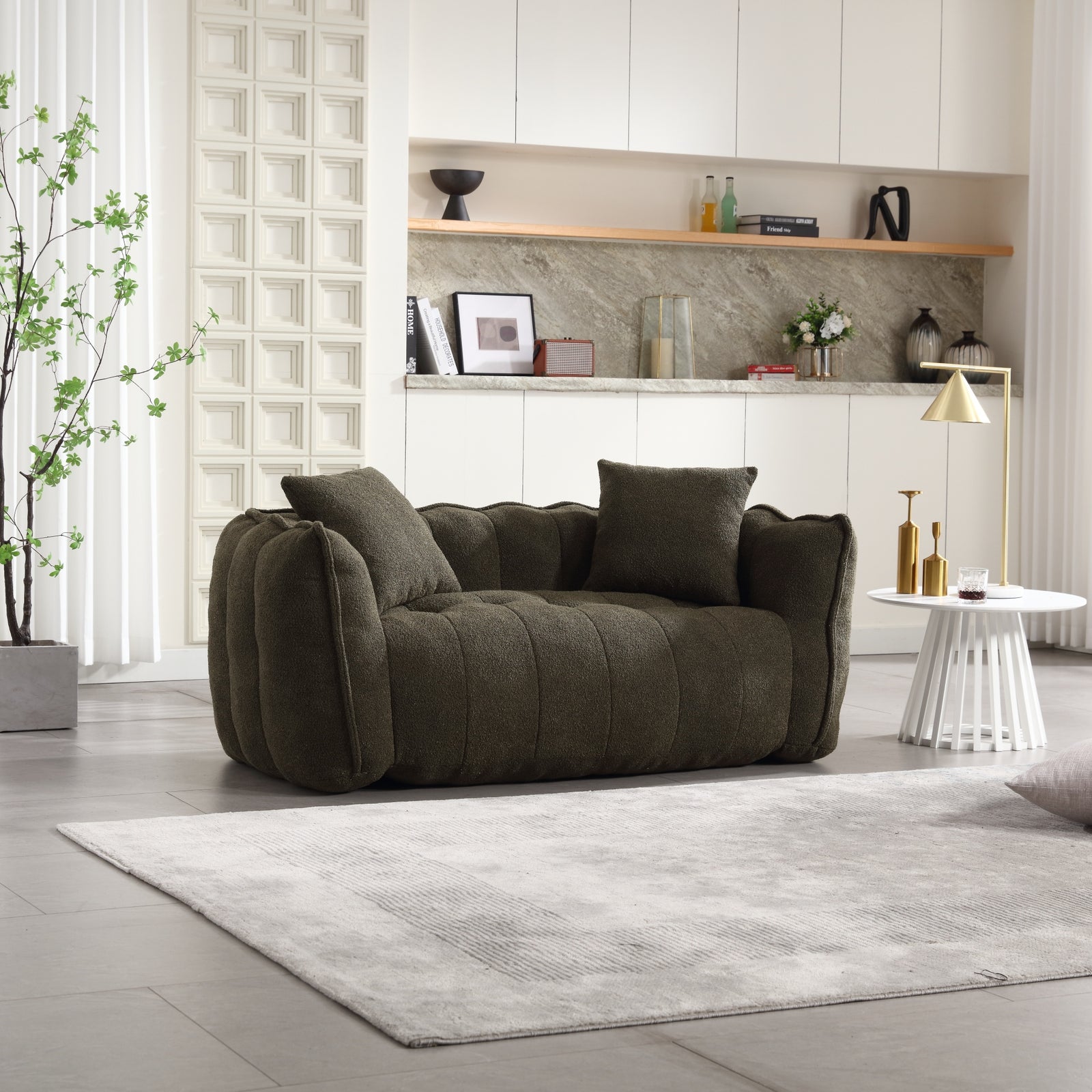 Remiel Plush Chenille Upholstered Beanbag Chair with High Resilience Foam, Olive Green