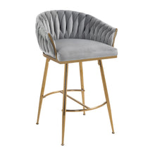 Elegant Velvet 26'' Counter Height Bar Stool with Hand-Wave Back and Golden Chrome Base Set of 2 Grey