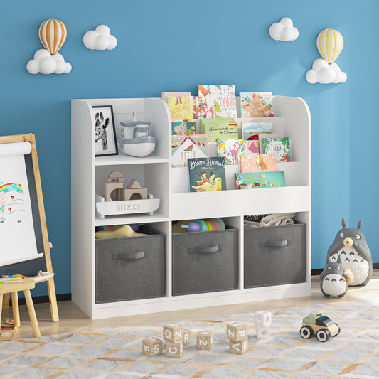 Kids Bookcase and Bookshelf, Multifunctional Bookcase with 3 Collapsible Fabric Drawers, (White/Gray)