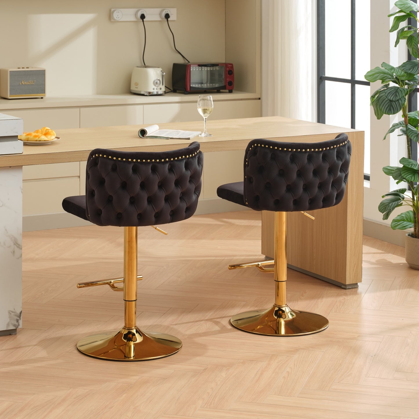 Junia Velvet Tufted Adjustable Height Bar Stools (Set of 2) Black