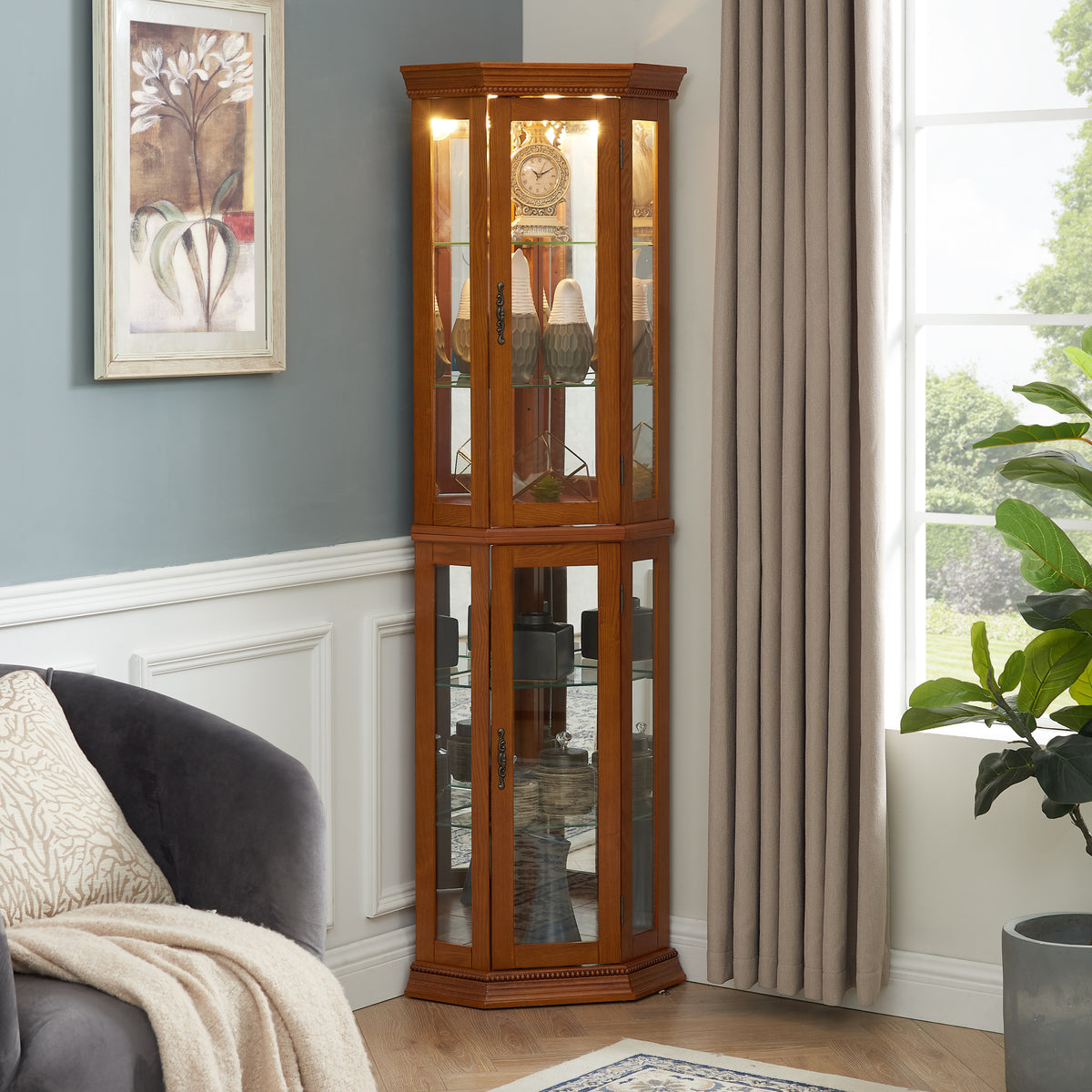 Edith Traditional Corner Curio Cabinet with Mirrored Back, Oak