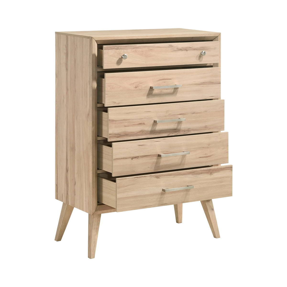Marrin Mid-Century Modern Design Natural Oak Finish Chest of 5 Drawers Nickel Tone