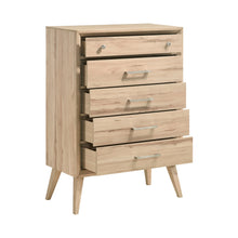 Marrin Mid-Century Modern Design Natural Oak Finish Chest of 5 Drawers Nickel Tone