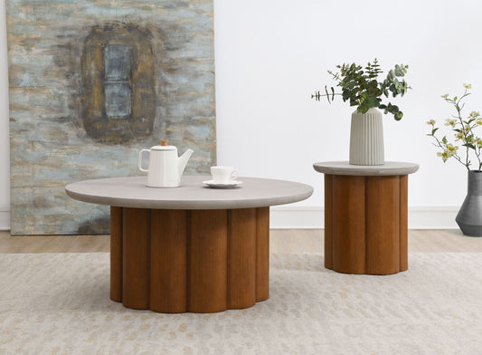 Evelyn Faux Concrete Top & Walnut Finish Round Shaped Coffee Table