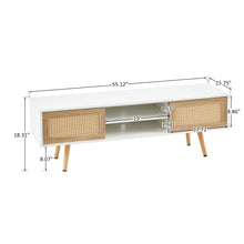 Clara Mid-Century Modern TV Stand with Rattan Doors and Angled Legs, White