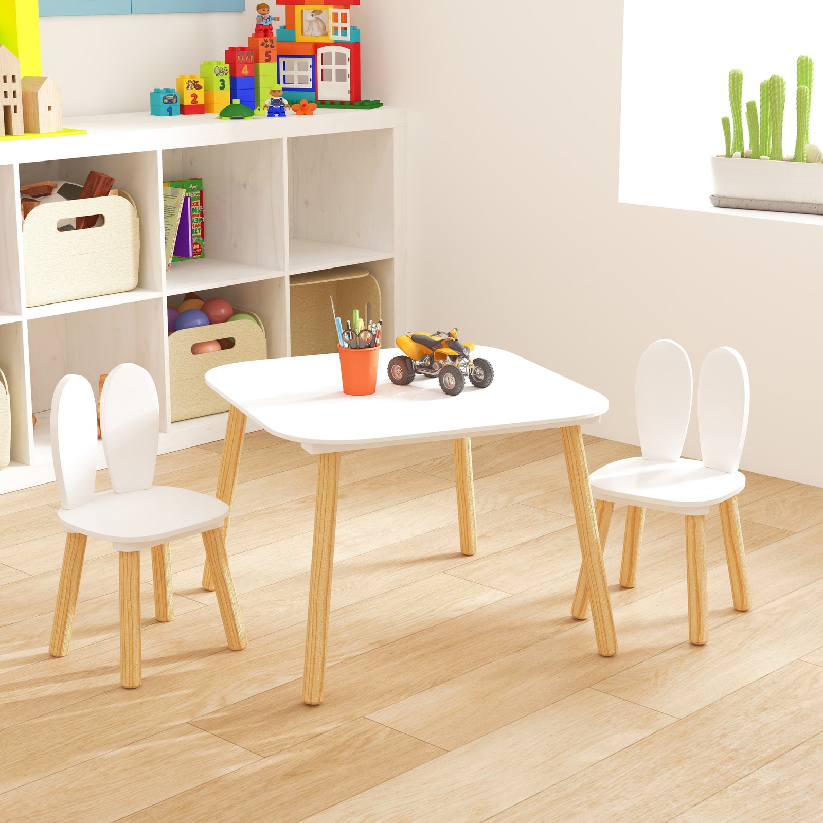 Kids Table and 2 Chairs Set, 3 Pieces Rabbit Themed Toddler Table and Chair Set