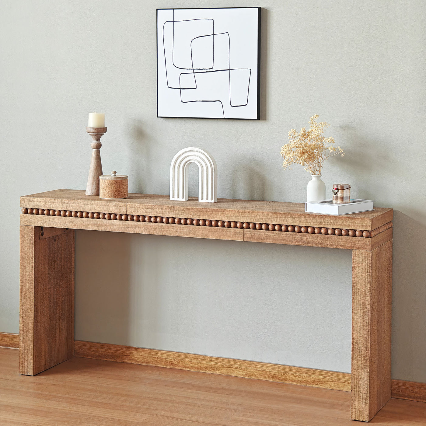Ansel Wooden Console Table with Real Wood Beads Decoration, Natural