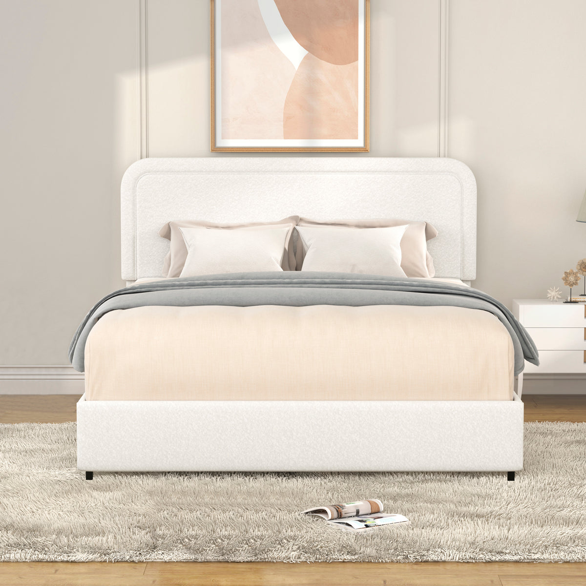 Lilly Patented 2-Drawers Storage Bed Queen Size Ivory Boucle Upholstered Platform Bed