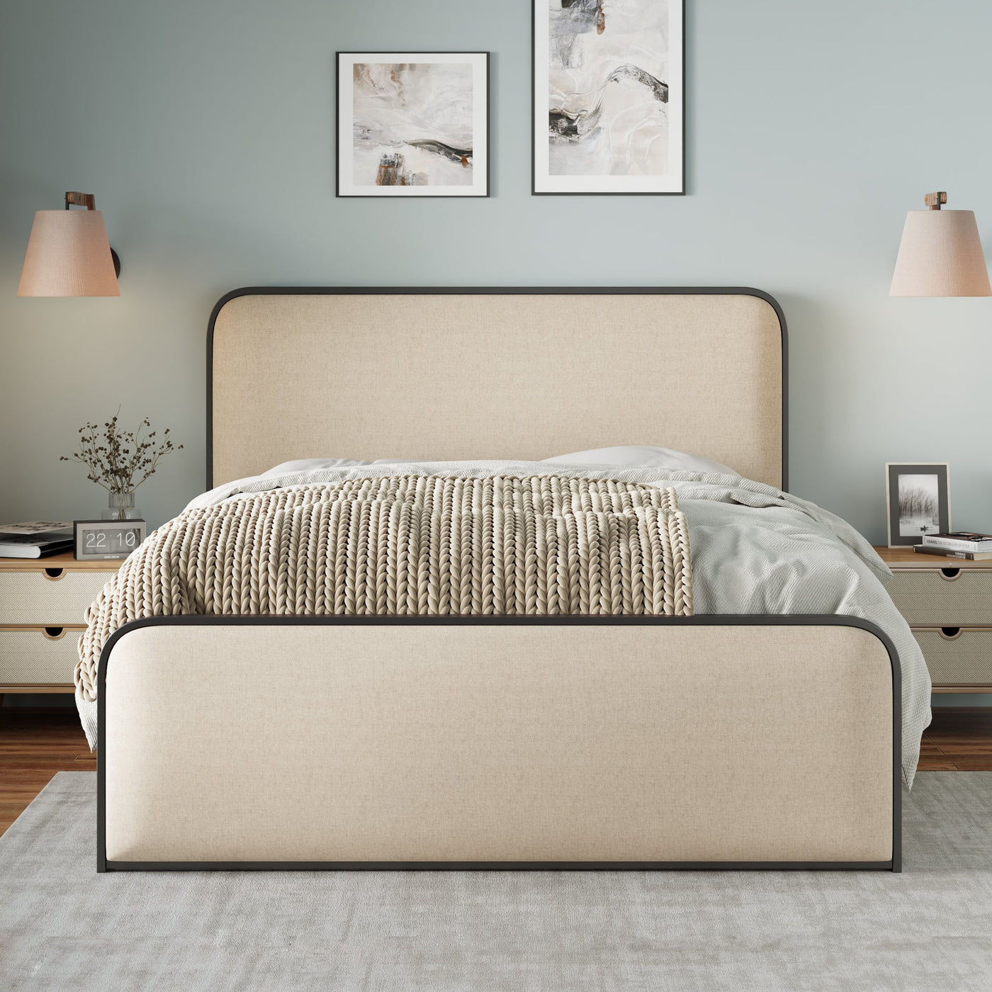 Liriel Modern Metal Frame King Bed with Upholstered Headboard & Footboard, Gray