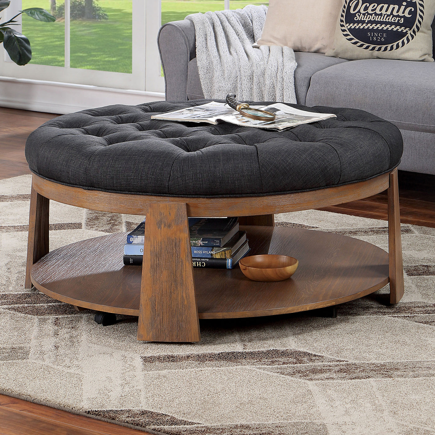 Larkspur Round Tufted Linen Ottoman with Open Bottom Shelf – Gray