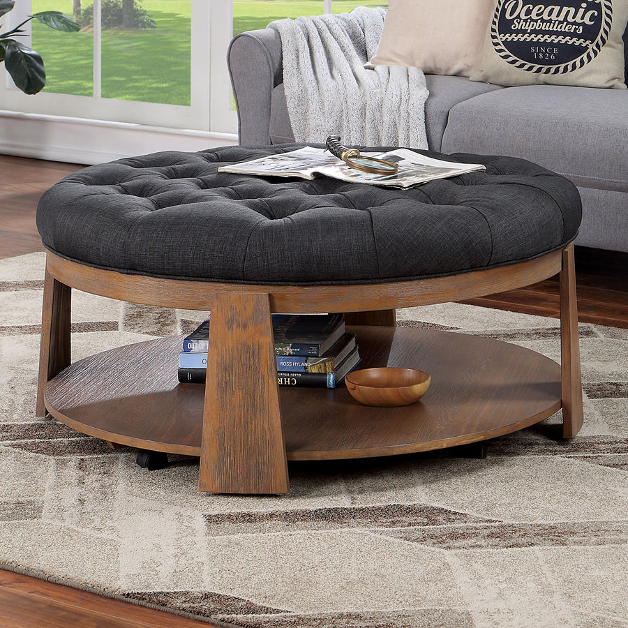 Larkspur Round Tufted Linen Ottoman with Open Bottom Shelf – Gray