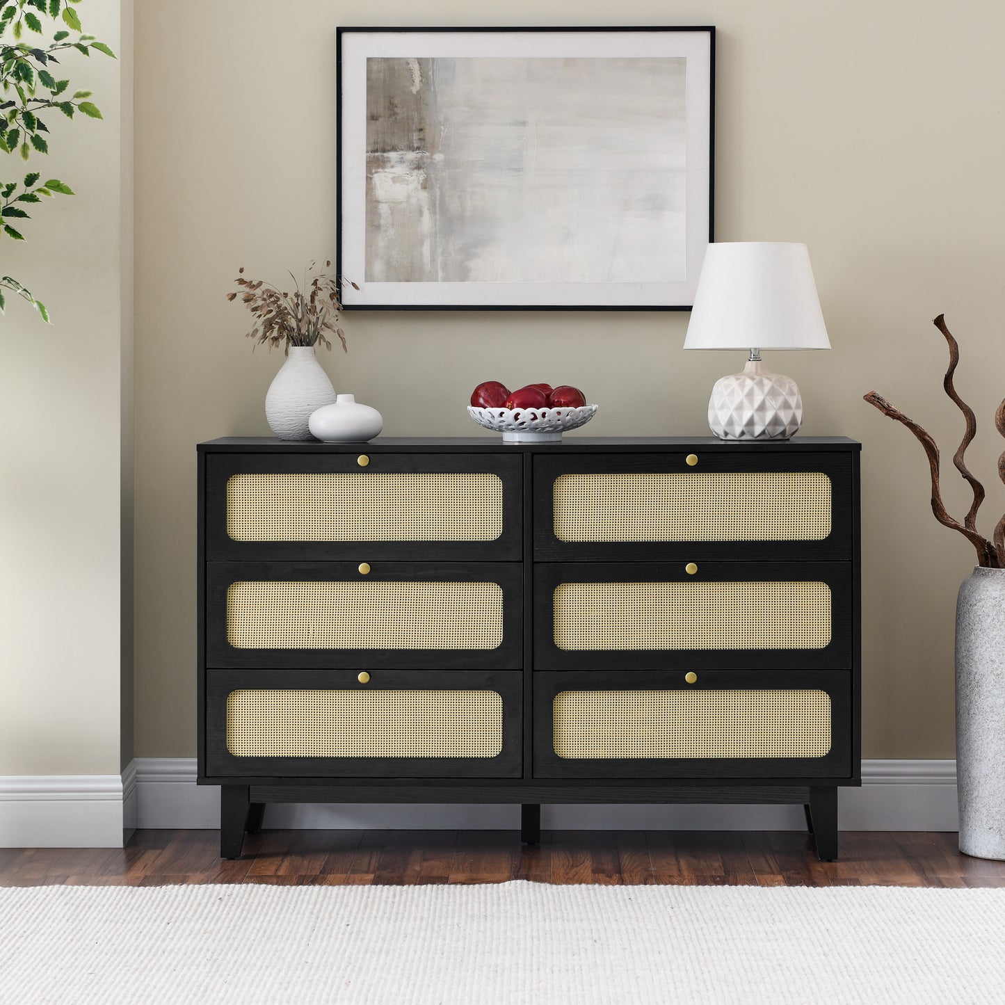 Alaric Mid-Century Modern 6-Drawer Dresser, Black & Rattan