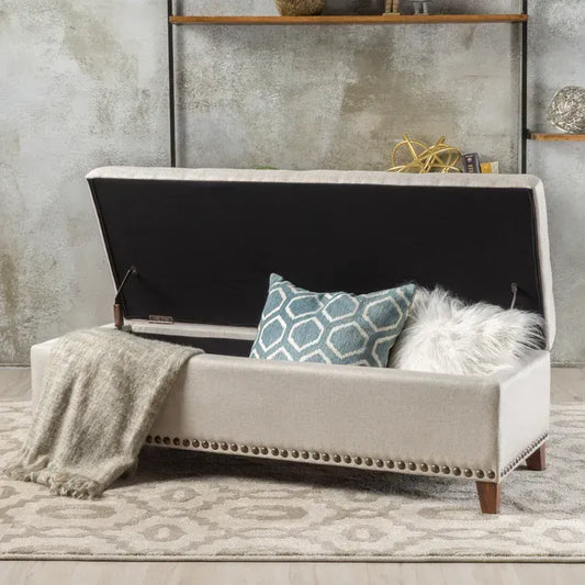 Baltimore Studded Linen Storage Ottoman - Beige