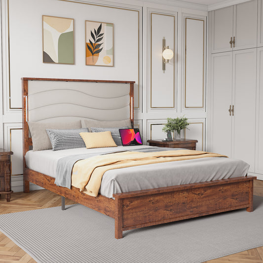 Aveline Transitional Wooden Platform Bed with LED, Beige & Brown