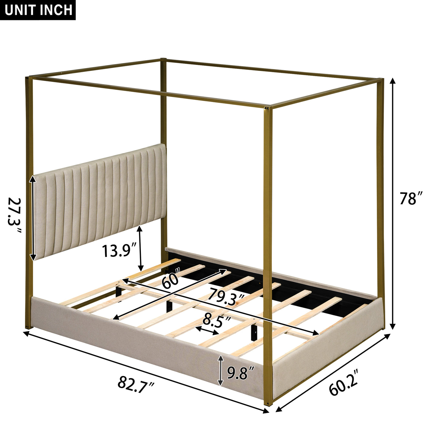 Veronica Queen Size Linen Canopy Bed with Metal Frame - Beige