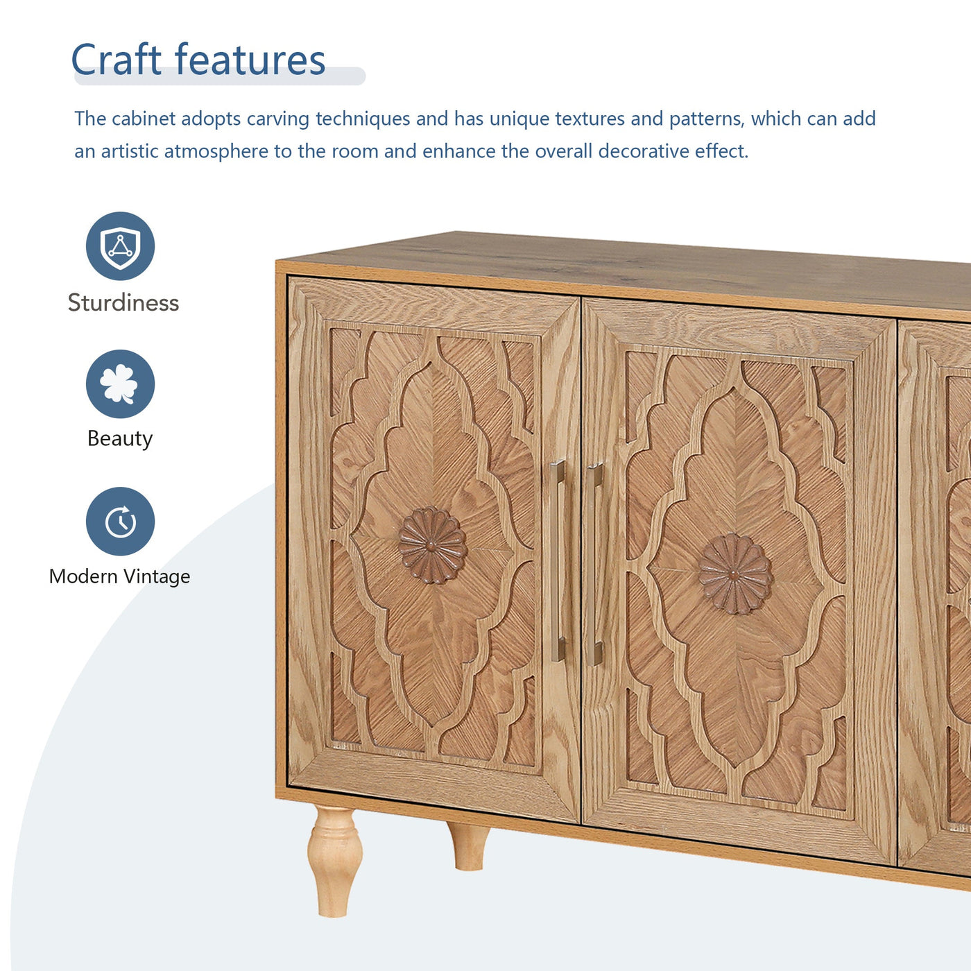 Natalie Carved Floral Door Large Storage Cabinet With Metal Handle, Natural