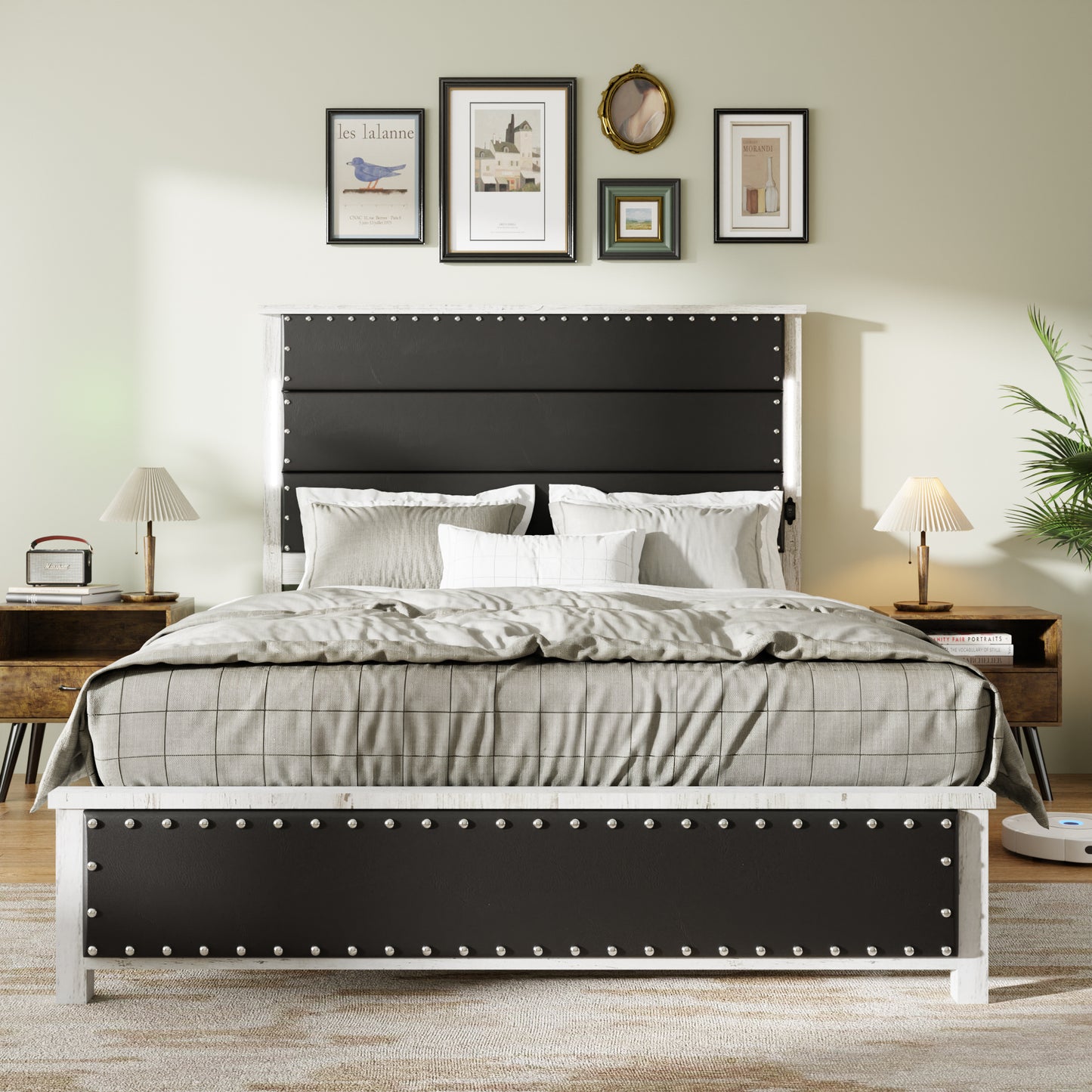 Cyra Modern Queen Platform Bed with Storage & LED Lights - Dark Gray & White