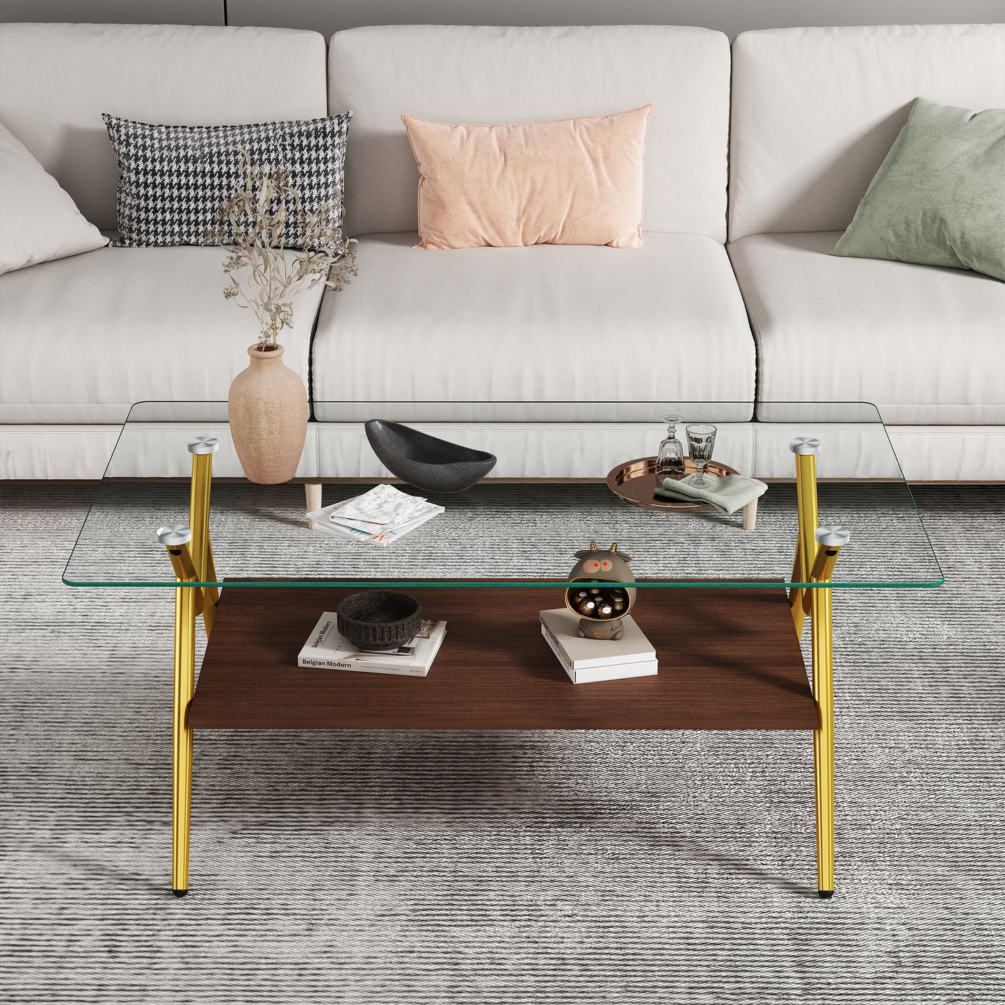 Waylon Modern Glass Top Coffee Table, Gold
