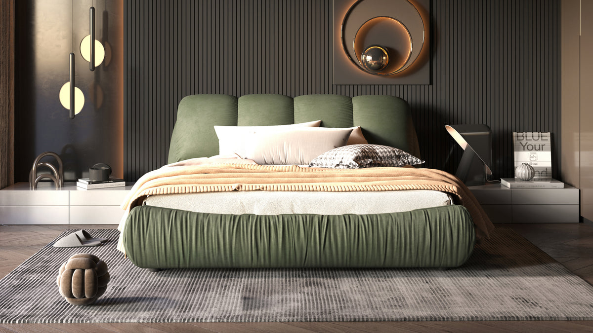 Calista Queen Platform Bed with Oversize Padded Headboard, Green