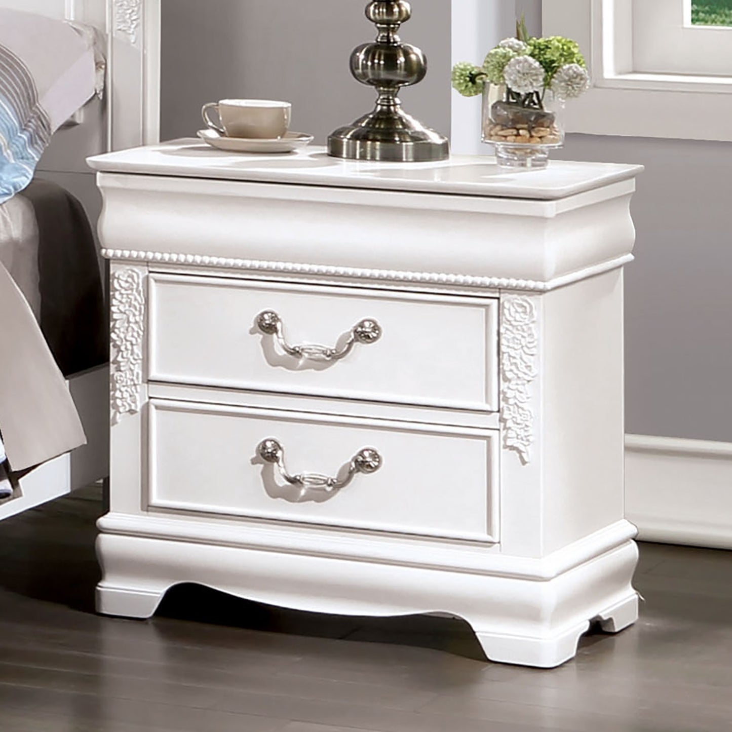 Morgan Traditional 2-Drawer White Nightstand with Silver Pulls