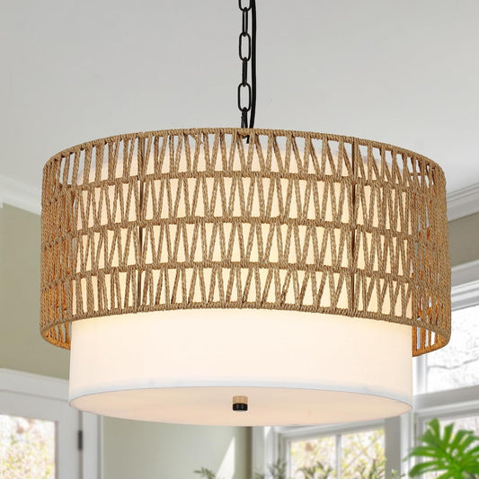 Farmhouse Chandeliers for Dining Room,5-Light Rattan Boho Chandelier Light Fixture with Fabric Shade