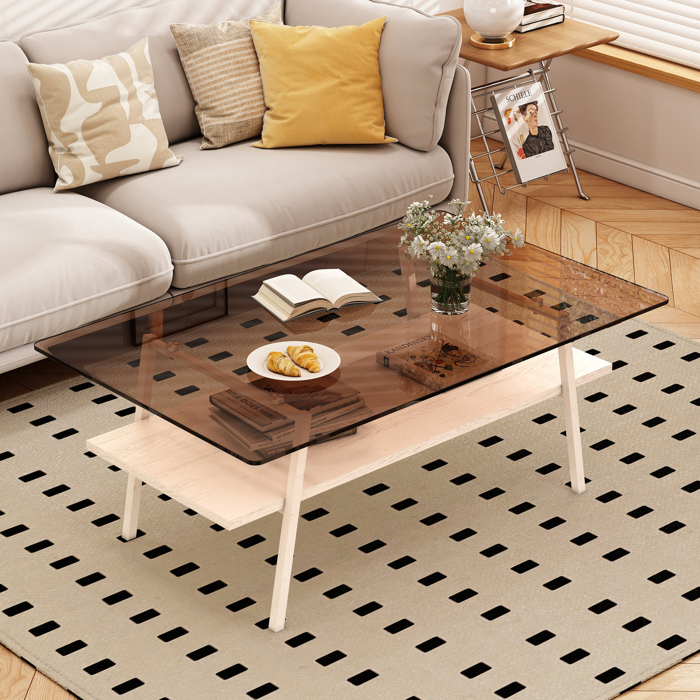 Penn Modern 3-Piece Accent Table Set with Brown Glass, White