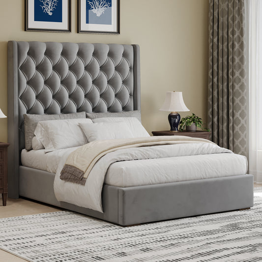 Cillian 67.5" Tall Upholstered Queen Size Bed with Handmade Deep Button Tufting, Gray