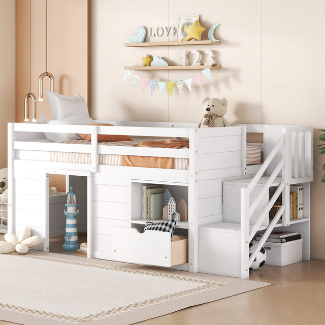 Gracen Twin Size Loft Bed with Stairway Chest & Drawers, White
