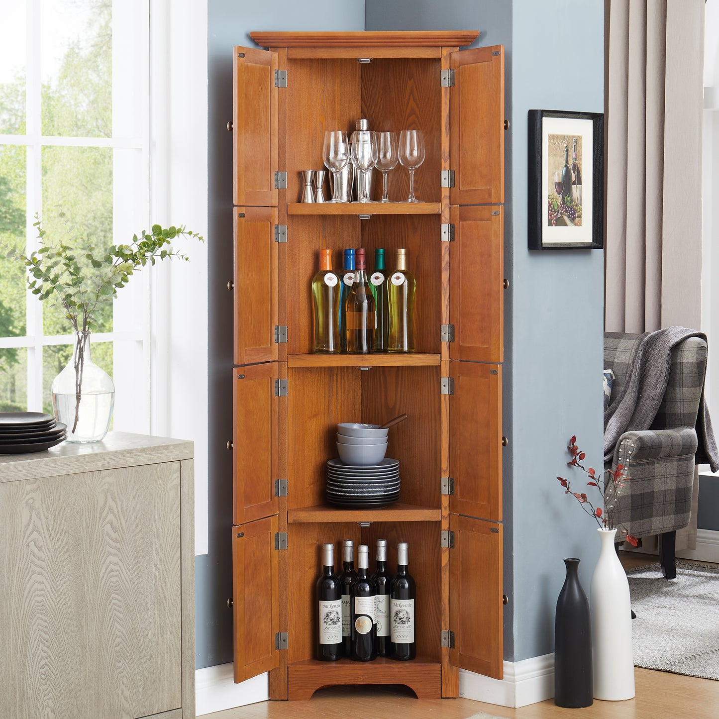 Carleton 72" 4-Tier Corner Cabinet, Oak