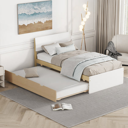Juniper Modern Twin Bed Frame For White High Gloss Headboard and Footboard With Light Oak Trundle