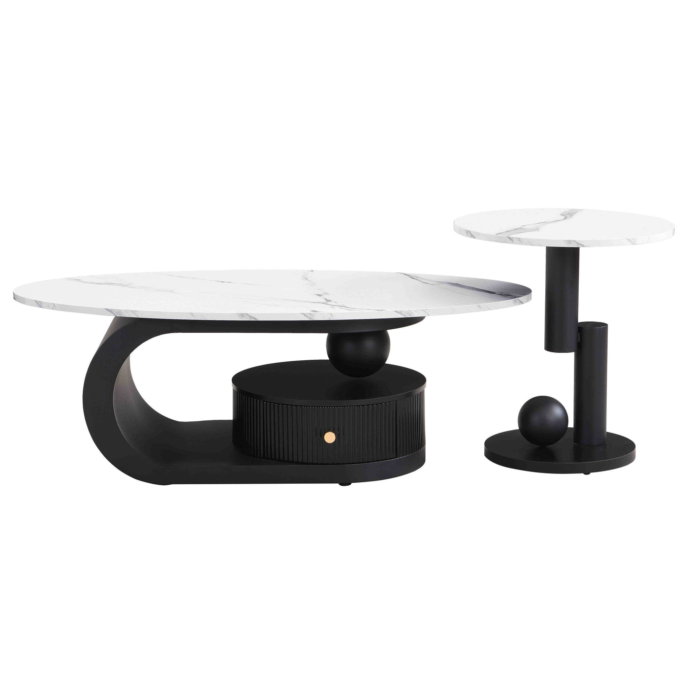 Flossie Modern Oval Nesting Table Set with Faux Marble Top, Black & White