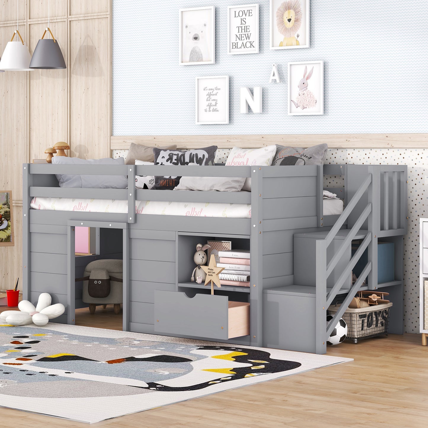 Gracen Twin Size Loft Bed with Stairway Chest & Drawers, Gray