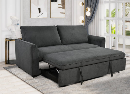A modern gray upholstered 3-in-1 convertible sleeper sofa with a minimalist design, featuring a pull-out bed, in a well-lit living room setting.
