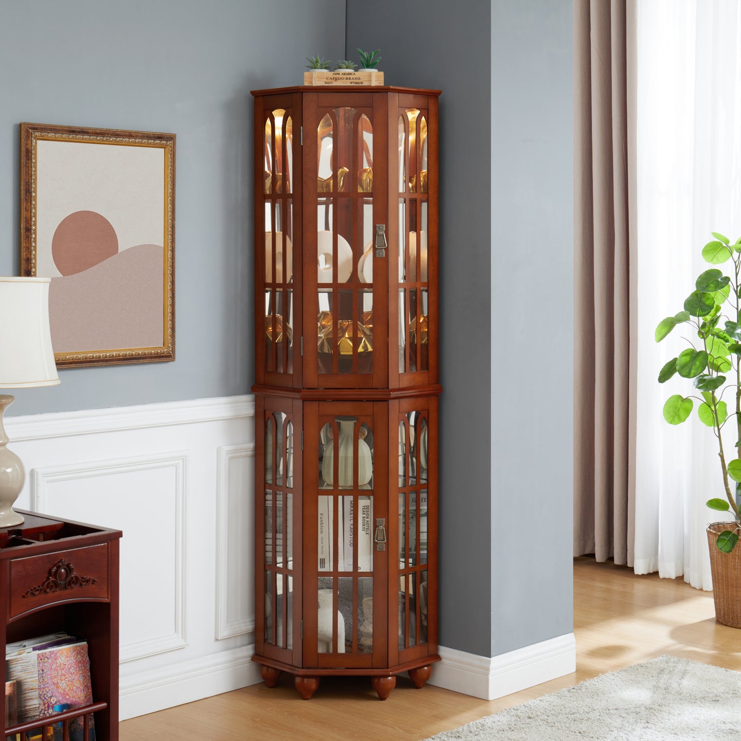 Connie Corner Curio Cabinet with 4 Adjustable Tempered Glass Shelves, Walnut