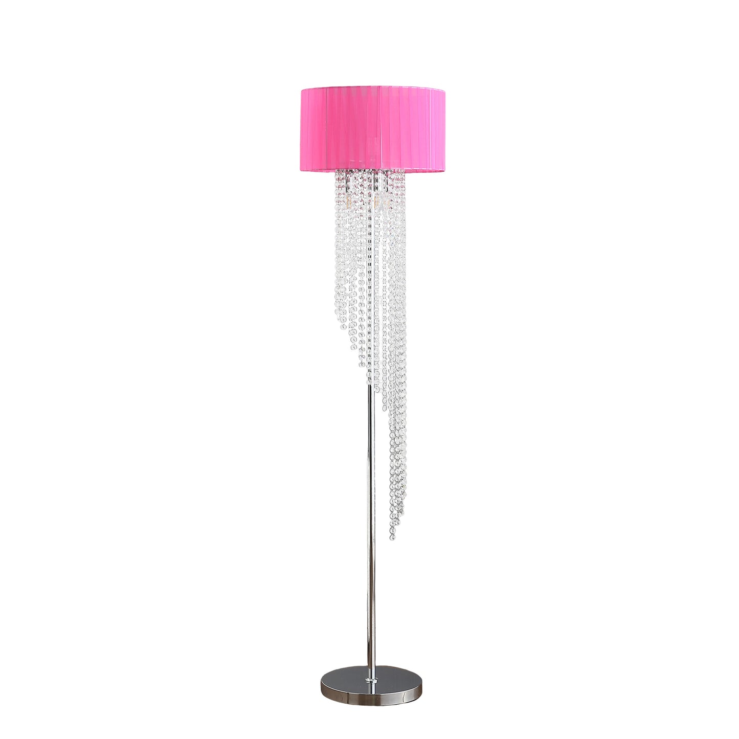 65.75'H Sheer Hot Pink Drum Shade Rain Crystal Chrome Metal Floor Lamp for Living Room, Standing Lamp for Bedroom