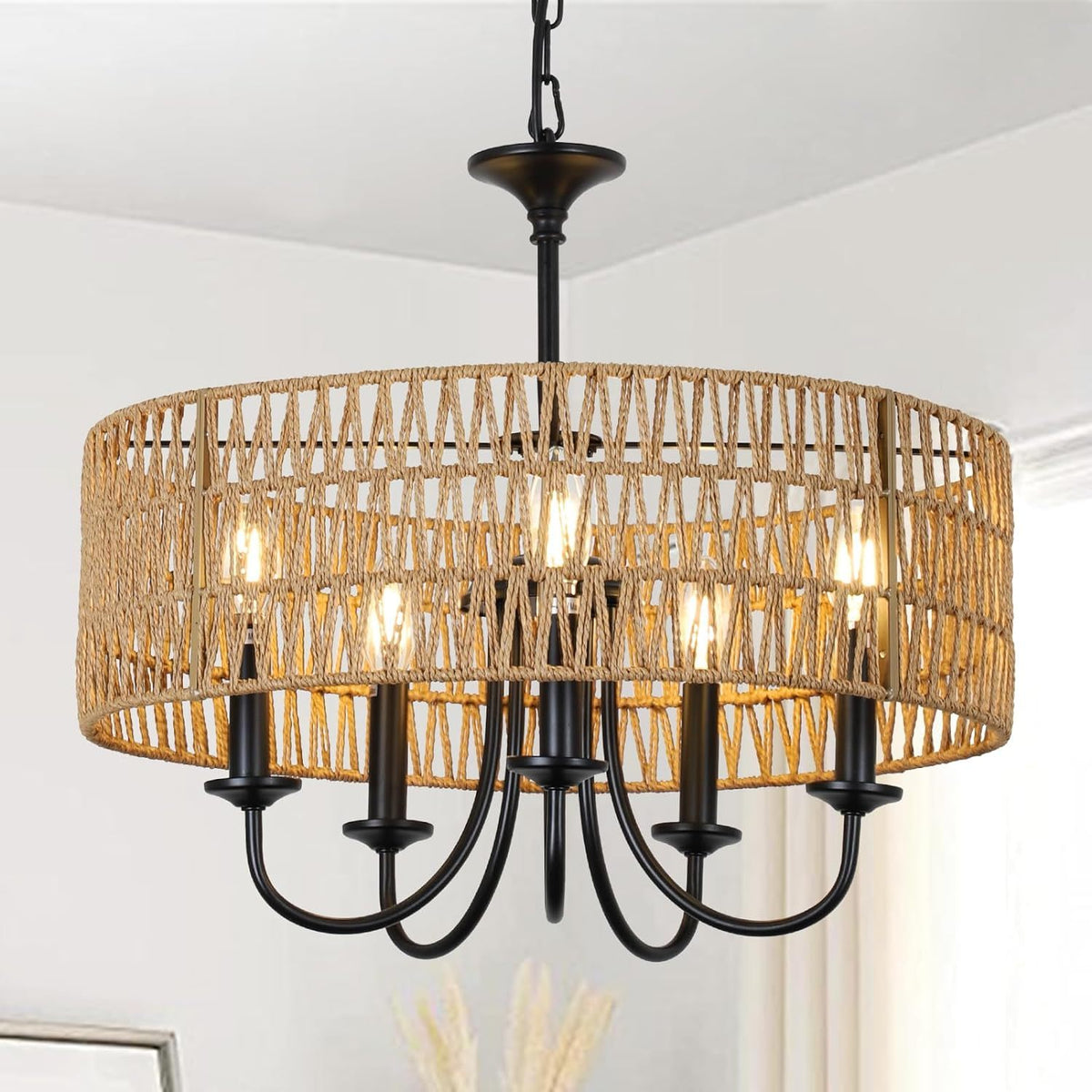 Modern Farmhouse Chandelier Light Fixtures, 5-Lights Large Rattan Pendant Lighting with Hand Woven Wicker Shade