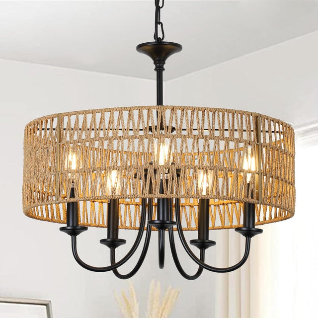 Modern Farmhouse Chandelier Light Fixtures, 5-Lights Large Rattan Pendant Lighting with Hand Woven Wicker Shade