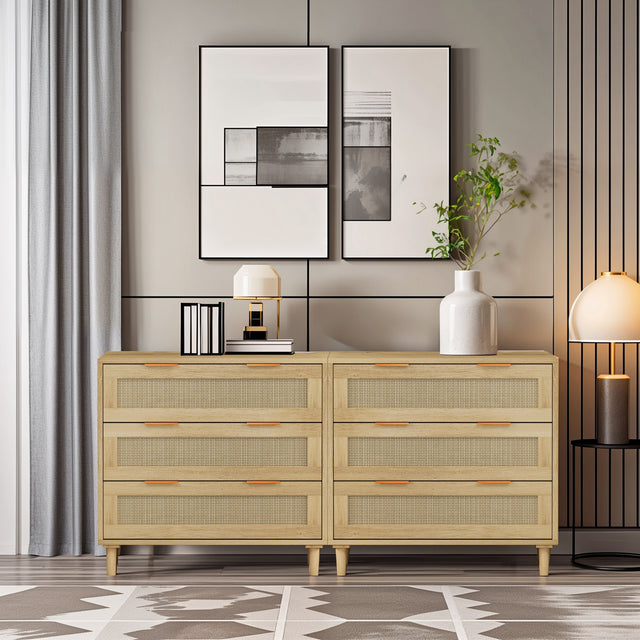 Clyde Mid-Century Modern 3-Drawer Cabinets in Natural with Rattan Drawers (Set of 2)